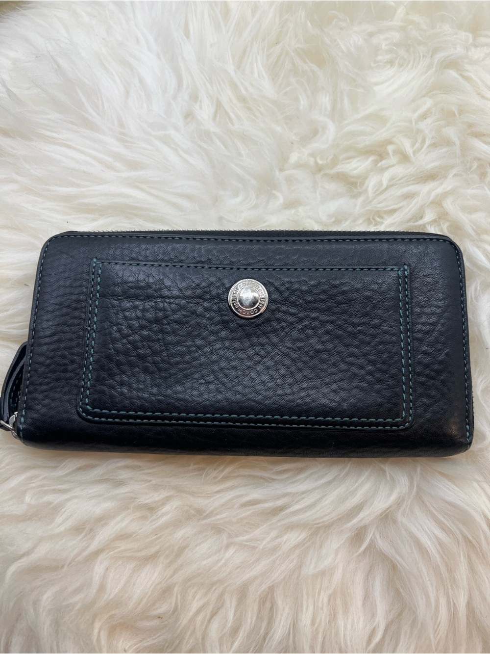 Coach Black Leather Zip Wallet with Teal Stitching